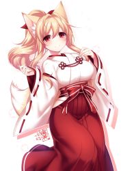 animal ears, bangs, blonde hair, blush, breasts, commentary request, eyebrows visible through hair, fox ears, fox tail, japanese clothes, konshin, large breasts, long hair, looking at viewer, miko, original, ponytail, red eyes, signature, smile, tail, white background