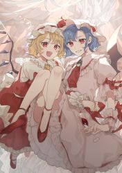 Rule 34 | 2girls, :d, ascot, bat wings, blonde hair, blue hair, blush, bow, brooch, collar, commentary, crossed legs, crystal, cup, drinking glass, english commentary, fang, fingernails, flandre scarlet, frilled collar, frills, grin, hat, hat ribbon, high heels, highres, jewelry, knees, laspberry., looking at viewer, mob cap, multiple girls, open mouth, puffy short sleeves, puffy sleeves, red ascot, red bow, red eyes, red footwear, red ribbon, red skirt, red vest, red wine, remilia scarlet, ribbon, short hair, short sleeves, siblings, sisters, skin fang, skirt, smile, touhou, vest, white headwear, wine, wine glass, wings, wrist cuffs, yellow ascot