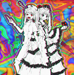 Rule 34 | 1girl, bags under eyes, bare shoulders, blood, blood from mouth, bow, buttons, chromatic aberration, crown, crying, dress, dual persona, glitch, hat, hatsune miku, highres, holding, holding mushroom, holding syringe, long hair, magical doctor (vocaloid), missou shiro, multicolored background, mushroom, mushroom on head, nosebleed, nurse, nurse cap, object through head, open mouth, outline, red eyes, surreal, syringe, syringe in head, teeth, twintails, upper teeth only, vocaloid, wide sleeves
