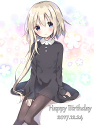 Rule 34 | 1girl, asymmetrical hair, black dress, black pantyhose, blonde hair, blue eyes, blush, closed mouth, collared dress, commentary request, dated, dress, floral background, hair between eyes, happy birthday, head tilt, highres, light smile, long hair, long sleeves, looking at viewer, original, pantyhose, sitting, sleeves past wrists, solo, tia-chan, uchuuneko, very long hair, white background