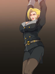 Rule 34 | 1girl, arms up, bdsm, blonde hair, bondage, bound, breasts, charlemagne (monsuno), clenched teeth, female focus, gradient background, greco roman (spiral brain), highres, large breasts, lipstick, makeup, miniskirt, monsuno, pantyhose, pencil skirt, red lips, restrained, side slit, simple background, skirt, solo, sweat, teeth