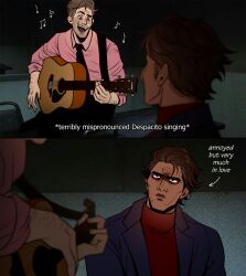 Rule 34 | 2boys, absurdres, acoustic guitar, black hair, black jacket, black pants, brooklyn nine-nine, dark-skinned male, dark skin, despacito, english text, guitar, highres, holding, holding instrument, instrument, jacket, jake peralta, looking at another, male focus, marvel, meme, miguel o&#039;hara, multiple boys, music, musical note, nakariiale, necktie, open mouth, pants, parody, peter b parker, pink shirt, red shirt, shirt, short hair, singing, smile, spider-man: across the spider-verse, spider-man (series), spider-verse
