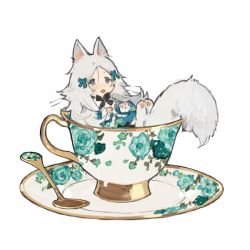 Rule 34 | 1girl, cup, female focus, flower, fluffy, furry, furry female, green flower, mini person, minigirl, parted bangs, plate, simple background, sitting, solo, spoon, starshadowmagician, tagme, tail, teacup, white background
