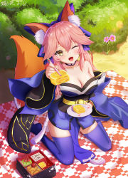 Rule 34 | 1girl, absurdres, animal ear fluff, animal ears, artist request, bare shoulders, bento, blue kimono, blue ribbon, blue thighhighs, blush, breasts, cleavage, collarbone, dated, detached sleeves, fang, fate/extella, fate/extra, fate/extra ccc, fate/grand order, fate (series), flower, food, fox ears, fox girl, fox tail, hair ribbon, highres, incoming food, japanese clothes, kimono, large breasts, looking at viewer, nature, omelet, one eye closed, open mouth, outdoors, pink hair, ribbon, sitting, skin fang, solo, tail, tamamo (fate), tamamo no mae (fate/extra), thighhighs, wariza, yellow eyes