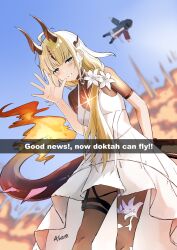 Rule 34 | 1girl, 1other, absurdres, arknights, blonde hair, blue sky, blush, doctor (arknights), dragon girl, dragon horns, dragon tail, dress, explosion, fire, flying, highres, horns, looking at viewer, reed (arknights), sky, smile, tail, white dress