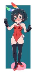 Rule 34 | 1girl, animal ears, bad id, bad twitter id, black gloves, black hair, black thighhighs, blue background, blue eyes, blush, bow, bowtie, breasts, collar, commentary, covered navel, detached collar, double v, embarrassed, fake animal ears, fake tail, full body, gloves, gluteal fold, high heels, highleg, highleg leotard, highres, hip bones, kaban (kemono friends), kemono friends, leotard, looking at viewer, nekonyan (inaba31415), open mouth, outside border, playboy bunny, rabbit ears, rabbit tail, red bow, red bowtie, red footwear, red leotard, small breasts, smile, solo, standing, strapless, strapless leotard, sweatdrop, tail, thighhighs, v, wavy mouth, white collar, wing collar