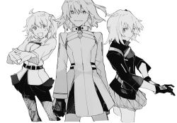 Rule 34 | 3girls, :d, adjusting clothes, adjusting gloves, ahoge, belt, belt buckle, buckle, chaldea uniform, clenched hands, collared shirt, command spell, cowboy shot, dress, fate/grand order, fate (series), fujimaru ritsuka (female), fujimaru ritsuka (female) (decisive battle chaldea uniform), fujimaru ritsuka (female) (polar chaldea uniform), gloves, greyscale, hair between eyes, hair ornament, hair scrunchie, kitada, light smile, looking at viewer, medium hair, monochrome, multiple girls, multiple persona, one side up, open mouth, pantyhose, parted lips, pleated skirt, popped collar, scrunchie, shirt, simple background, skirt, smile, stretching, white background