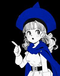 Rule 34 | 1girl, alena (dq4), belt, blue cape, blue headwear, blush, cape, curly hair, dragon quest, dragon quest iv, dress, earrings, gloves, highres, index finger raised, jewelry, long hair, looking to the side, okita (sukult 4), open mouth, solo, spot color