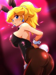 Rule 34 | 1girl, alternate costume, animal ears, arm behind back, armpits, ass, bad id, bad twitter id, blonde hair, blue eyes, blush, bow, bowtie, breasts, covered erect nipples, cowboy shot, detached collar, earrings, fake animal ears, female focus, from side, highres, huge ass, inactive account, jewelry, konpeto, leotard, looking at viewer, mario (series), nintendo, pantyhose, playboy bunny, ponytail, princess peach, rabbit ears, rabbit tail, super mario bros. 1, tail, wrist cuffs