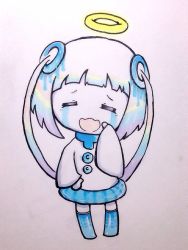 Rule 34 | 0-chan (keigozoo), 1girl, blue thighhighs, blush stickers, chibi, closed eyes, gradient eyes, hair rings, halo, hand on own cheek, hand on own face, ink blender, marker (medium), multicolored eyes, multicolored hair, open mouth, original, personification, rainbow hair, short hair with long locks, simple background, solo, standing, t t, thighhighs, traditional media, wavy mouth, white background, white hair, wide sleeves, zettai ryouiki, zoo (keigozoo)