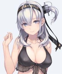 Rule 34 | 1girl, bikini, black bikini, black headband, breasts, cleavage, commentary request, hachimaki, hair between eyes, headband, kantai collection, large breasts, looking at viewer, medium hair, one side up, purple eyes, rokuwata tomoe, side ponytail, silver hair, smile, solo, suzutsuki (kancolle), swimsuit