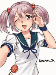 Rule 34 | 1girl, badge, blue sailor collar, hair bobbles, hair ornament, highres, kantai collection, maakun (makun dx), one-hour drawing challenge, one eye closed, pink eyes, pink hair, puffy short sleeves, puffy sleeves, sailor collar, salute, sazanami (kancolle), sazanami kai (kancolle), school uniform, serafuku, short hair, short sleeves, simple background, smile, solo, twintails, white background, wrist cuffs