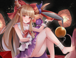Rule 34 | 1girl, :d, absurdres, alcohol, ass, bandaged leg, bandages, bare shoulders, barefoot, blunt bangs, blush, bow, bowtie, chain, collarbone, cuffs, cup, dark background, fang, flat chest, foot out of frame, gourd, hair bow, highres, holding, holding cup, horn ornament, horn ribbon, horns, ibuki suika, knees up, koizumo, light brown hair, long hair, looking at viewer, nail polish, oni horns, open mouth, orange eyes, panties, pointy ears, purple ribbon, purple skirt, red bow, red bowtie, red nails, ribbon, sakazuki, shackles, sharp toenails, shirt, simple background, sitting, skirt, smile, solo, spilling, thighs, toenails, toes, torn clothes, torn sleeves, touhou, underwear, upskirt, very long hair, white panties, white shirt