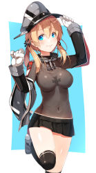 Rule 34 | 10s, 1girl, anchor, anchor hair ornament, black legwear, black skirt, blonde hair, blue eyes, breasts, check commentary, collar, commentary request, cross, eyebrows, gloves, hair between eyes, hair ornament, hat, highres, impossible clothes, iron cross, kantai collection, leg up, long sleeves, looking at viewer, meth (emethmeth), miniskirt, navel, peaked cap, pleated skirt, prinz eugen (kancolle), rudder footwear, shiny skin, simple background, skirt, smile, solo, standing, standing on one leg, twintails, white gloves