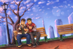 Rule 34 | 2boys, absurdres, bara, bare tree, barry go, brown hair, casual, couple, denim, eating, facial hair, goatee, highres, holding, holding phone, jeans, takabushi kengo, long sideburns, male focus, protagonist 3 (housamo), multiple boys, official alternate costume, on bench, pants, phone, short hair, sideburns, sky, smile, stubble, thick eyebrows, tokyo houkago summoners, tree