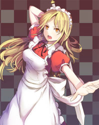 Rule 34 | 1girl, apron, blonde hair, checkered background, culter, dress, looking at viewer, maid, maid apron, maid headdress, open mouth, puffy sleeves, red dress, shirt, solo, sword, grid background, touhou, touhou (pc-98), weapon, yellow eyes, yumeko (touhou)