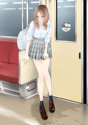Rule 34 | 1girl, absurdres, bag, bench, blush, breasts, brown eyes, brown hair, embarrassed, female focus, full body, highres, loafers, long hair, mitaray, original, pee, pee stain, peeing, peeing self, plaid, plaid skirt, pleated skirt, puddle, shoes, skirt, small breasts, standing, tearing up, teeth, train, train interior, water drop, wet, wet clothes, wet skirt, window