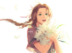 Rule 34 | 1girl, aerith gainsborough, artist name, bouquet, braid, braided ponytail, brown hair, cropped jacket, dress, eorinamo, final fantasy, final fantasy vii, final fantasy vii remake, flower, green eyes, hair ribbon, holding, holding bouquet, jacket, lily (flower), long hair, looking at viewer, open mouth, parted bangs, pink dress, pink ribbon, red jacket, ribbon, short sleeves, sidelocks, smile, solo, upper body, white background, yellow flower