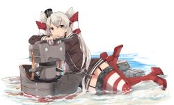 Rule 34 | 10s, 1girl, amatsukaze (kancolle), bad id, bad pixiv id, brown dress, brown eyes, buttons, choker, dress, garter straps, gloves, hair tubes, hands on another&#039;s head, highres, kantai collection, long hair, long sleeves, looking at viewer, lying, machinery, o o, on side, red thighhighs, rensouhou-kun, sailor collar, sailor dress, short dress, silver hair, single glove, smile, solid oval eyes, striped clothes, striped thighhighs, thighhighs, torpedo, touzai (poppin phl95), turret, two side up, water, white gloves