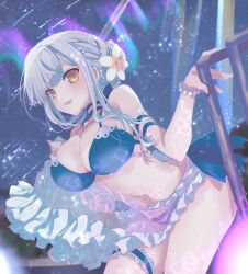 Rule 34 | 1girl, assault lily, bikini, blue bikini, blue choker, blunt bangs, blurry, blurry background, blush, bracelet, breasts, bridal garter, caustics, choker, cleavage, clothes lift, commentary, cowboy shot, fingernails, flower, frilled sarong, frills, grey hair, hair bun, hair flower, hair ornament, halterneck, hand on railing, hands up, highres, jewelry, kon kanaho, large breasts, leaning forward, lifted by self, long hair, looking at viewer, naridon, night, night sky, official alternate costume, official alternate hairstyle, outdoors, parted lips, pearl bracelet, pearl hair ornament, railing, sarong, sarong lift, shooting star, sidelocks, single hair bun, sky, smile, solo, standing, star (sky), swimsuit, water drop, wet, white sarong, yellow eyes, yellow flower