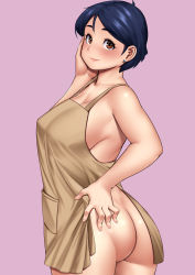 Rule 34 | 1girl, apron, ass, blue hair, blush, breasts, brown apron, brown eyes, cleavage, curvy, earrings, hand on own ass, hand up, highres, jewelry, large breasts, looking at viewer, mature female, naked apron, nemui333, original, pink background, pocket, short hair, simple background, smile, solo, standing, stud earrings, twisted torso