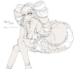 Rule 34 | 1girl, blunt bangs, celestia ludenberg, closed mouth, danganronpa: trigger happy havoc, danganronpa (series), drill hair, feet out of frame, from side, greyscale, highres, i-hara, jacket, layered skirt, leaning forward, long sleeves, looking at viewer, monochrome, shoes, sitting, skirt, smile, solo, translation request, twin drills, twintails