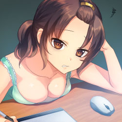 Rule 34 | 1girl, annoyed, bad id, bad pixiv id, bangs pinned back, breast press, breasts, brown eyes, brown hair, cleavage, clenched teeth, desk, drawing tablet, head rest, long hair, medium breasts, mouse (animal), no bra, original, riichi (rouchi), solo, stylus, tank top, teeth