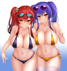 Rule 34 | 2girls, absurdres, asamura hiori, aviator sunglasses, azur lane, bare shoulders, bikini, black bikini, blue hair, blush, breasts, cleavage, collarbone, eyewear on head, goggles, goggles on head, highres, large breasts, long hair, looking at viewer, multiple girls, official alternate costume, pola (azur lane), pola (seaside coincidence) (azur lane), red hair, side ponytail, sidelocks, skindentation, smile, sunglasses, swimsuit, thighs, twintails, white background, yellow bikini, yellow eyes, zara (azur lane), zara (poolside coincidence) (azur lane)
