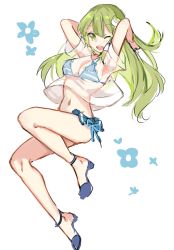 Rule 34 | 1girl, armpits, arms up, bare legs, bikini, bikini skirt, blue bikini, blue footwear, blue ribbon, blue skirt, blush, breasts, commentary request, frog hair ornament, full body, green eyes, green hair, hair between eyes, hair ornament, hair tubes, hands in hair, kochiya sanae, long hair, looking at viewer, medium breasts, microskirt, navel, open mouth, paragasu (parags112), ribbon, see-through, shirt, shoes, short sleeves, simple background, single sidelock, skirt, solo, stomach, striped bikini, striped clothes, swimsuit, thighs, touhou, white background