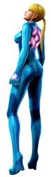 Rule 34 | 1girl, 3d, absurdres, ass, back, blonde hair, bodysuit, breasts, green eyes, high heels, highres, looking up, metroid, metroid: other m, mole, mole under mouth, nintendo, non-web source, official art, ponytail, profile, realistic, samus aran, sideboob, simple background, skin tight, solo, wedge heels, zero suit