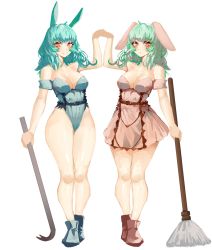 Rule 34 | 2girls, animal ears, aqua hair, bare shoulders, breasts, broom, brown dress, brown eyes, brown footwear, character request, closed mouth, collarbone, crowbar, dog ears, dress, full body, green hair, grey footwear, highres, holding, holding broom, holding crowbar, kasodani kyouko, large breasts, looking at viewer, medium hair, multiple girls, simple background, standing, strapless, strapless dress, thighs, tomatolover16, touhou, white background