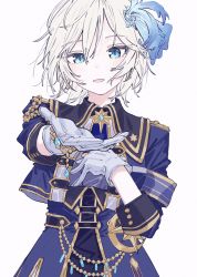 Rule 34 | 1girl, anastasia (idolmaster), ascot, blue dress, blue eyes, bracelet, cropped jacket, dress, earrings, gloves, gold trim, hair ornament, hand on own chest, highres, idolmaster, idolmaster cinderella girls, idolmaster cinderella girls starlight stage, jewelry, looking at viewer, outstretched arm, parted lips, reaching, reaching towards viewer, short hair, shoulder pads, simple background, smile, solo, tenoo12, upper body, white background, white hair