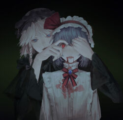 Rule 34 | 2girls, alternate color, black background, black dress, black headdress, blood, blood from mouth, blood on clothes, blue eyes, blue hair, braid, brooch, covering one eye, dress, googerm, guro, hairband, hand over another&#039;s eye, izayoi sakuya, jewelry, lolita hairband, long hair, long sleeves, looking at viewer, multiple girls, neck ribbon, parted lips, red eyes, red ribbon, remilia scarlet, ribbon, shirt, short hair, simple background, smile, touhou, white hair, white shirt