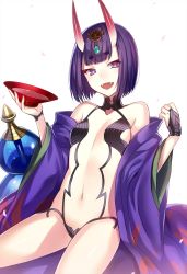 Rule 34 | 1girl, :d, alcohol, breasts, cup, fangs, fate/grand order, fate (series), fuyuki (neigedhiver), highres, horns, navel, oni, open mouth, purple eyes, purple hair, sakazuki, sake, short hair, shuten douji (fate), shuten douji (first ascension) (fate), simple background, small breasts, smile, solo, white background