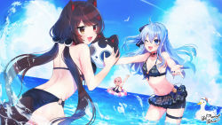 Rule 34 | 3girls, :d, ;d, absurdres, ahoge, anemachi, animal ears, arm up, back, ball, bare arms, bare shoulders, baseball cap, beachball, bikini, bikini skirt, black bikini, blue eyes, blue hair, blue nails, blue ribbon, breasts, brown eyes, brown hair, choker, commentary request, commission, dog ears, dog girl, dog tail, fang, flower, grey bikini, hair flower, hair ornament, hair ribbon, halterneck, hat, heterochromia, highres, holding, holding ball, holding beachball, hololive, hoshimachi suisei, inui toko, large breasts, leaning forward, long hair, looking at another, looking to the side, low twintails, multiple girls, nail polish, navel, nijisanji, one eye closed, one side up, open mouth, outstretched arms, pink hair, plaid, plaid bikini, red eyes, ribbon, shinomiya shino (sinosino141), signature, skeb commission, small breasts, smile, standing, stomach, subaru duck, swimsuit, tail, thigh strap, twintails, very long hair, virtual youtuber, wading, water, wet
