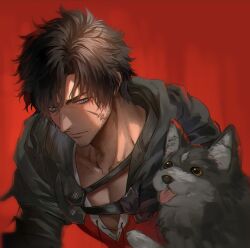 Rule 34 | 1boy, animal, black cape, black hair, black jacket, blue eyes, cape, clive rosfield, closed mouth, collarbone, commentary, dog, facial hair, facial tattoo, final fantasy, final fantasy xvi, jacket, male focus, melonlove, messy hair, pectorals, red vest, serious, shirt, short hair, tattoo, toned, toned male, tongue, tongue out, torgal (ff16), upper body, v-neck, vest, white shirt