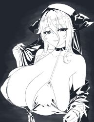 Rule 34 | 1girl, absurdres, azur lane, black choker, breasts, choker, cleavage, collarbone, covered erect nipples, eyes visible through hair, fake horns, hair between eyes, highres, horns, huge breasts, iesyh, implacable (azur lane), long hair, long sleeves, looking at viewer, monochrome, nun, pulling own clothes, skindentation, solo, upper body