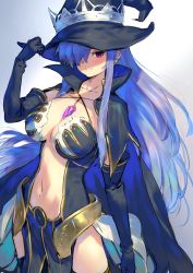 Rule 34 | 1girl, black cape, black gloves, black hat, blue cape, blue hair, breasts, cape, cleavage, closed mouth, collarbone, elbow gloves, fatima, gloves, hair over one eye, hand on headwear, hat, large breasts, long hair, luminous arc, luminous arc 2, multicolored cape, multicolored clothes, navel, pelvic curtain, purple eyes, smile, solo, very long hair, wasabi60, witch hat