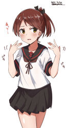 Rule 34 | 1girl, black sailor collar, black skirt, brown eyes, brown hair, commentary request, cowboy shot, dated, facing viewer, kantai collection, looking to the side, meguru (megurunn), one-hour drawing challenge, pleated skirt, ponytail, sailor collar, school uniform, serafuku, shikinami (kancolle), shikinami kai ni (kancolle), short hair, simple background, skirt, solo, standing, translation request, twitter username, white background