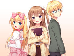 Rule 34 | 1boy, 2girls, :d, belt, belt buckle, black-framed eyewear, black pants, blonde hair, blush, book, bow, brown background, brown belt, brown hair, brown jacket, brown skirt, buckle, collar, collarbone, commentary request, copyright request, dress, fujikura ryuune, glasses, gradient background, green eyes, green jacket, hair between eyes, hair bow, hair ribbon, jacket, juliet sleeves, long hair, long sleeves, looking at viewer, multiple girls, hugging object, official art, one side up, open clothes, open jacket, open mouth, pants, pink bow, pink collar, pink dress, pleated skirt, puffy sleeves, purple eyes, ribbon, shirt, skirt, sleeveless, sleeveless dress, smile, very long hair, white background, white ribbon, white shirt
