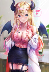 Rule 34 | 1girl, absurdres, bat tattoo, bat wings, black horns, black skirt, black wings, blonde hair, blurry, blurry background, breast tattoo, breasts, cleavage, closed mouth, demon girl, frilled shirt, frills, garter straps, green eyes, heart, highres, hololive, horns, lab coat, large breasts, long hair, looking at viewer, pink shirt, pointy ears, shirt, skirt, smile, solo, spoken heart, tattoo, thighs, virtual youtuber, wajuniorbox, wings, yuzuki choco, yuzuki choco (1st costume)