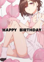 Rule 34 | 1girl, balloon, bare legs, boots, brown hair, commentary request, dress, earrings, frilled dress, frilled gloves, frills, gloves, heart balloon, highres, higuchi madoka, idolmaster, idolmaster shiny colors, jewelry, knee up, looking at viewer, mitora nao, mole, mole under eye, neck ribbon, pink dress, pink gloves, purple eyes, ribbon, short hair, sitting, sleeveless, sleeveless dress, solo, thighs