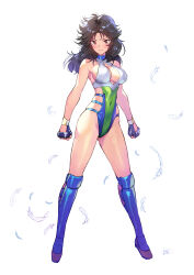 Rule 34 | 1girl, absurdres, bare arms, bare shoulders, black hair, blue footwear, boots, breasts, brown eyes, character request, cleavage, cleavage cutout, clenched hands, clothing cutout, commentary request, copyright request, covered navel, feathers, fingerless gloves, full body, gloves, groin, highres, knee boots, large breasts, leotard, long hair, matsuda (matsukichi), simple background, solo, standing, thighs, white background