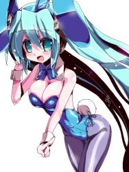 Rule 34 | 1girl, animal ears, bow, bowtie, collar, detached collar, fake animal ears, green eyes, green hair, hatsune miku, leotard, long hair, matching hair/eyes, miuku (marine sapphire), open mouth, pantyhose, playboy bunny, pointing, rabbit ears, rabbit tail, simple background, solo, tail, twintails, very long hair, vocaloid, white background, wrist cuffs