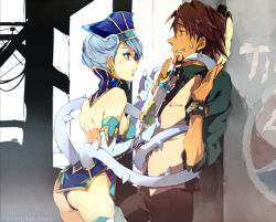 Rule 34 | 10s, 1boy, 1girl, araimun, ass, backless outfit, bare shoulders, blue eyes, blue hair, blue rose (tiger &amp; bunny), bracelet, breasts, brown eyes, brown hair, earrings, elbow gloves, gloves, grin, hat, jewelry, kaburagi t. kotetsu, karina lyle, lipstick, living clothes, makeup, medium breasts, short hair, smile, sweat, tentacles, tiger &amp; bunny, vest, watch, weapon, wristwatch