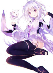 Rule 34 | 1girl, ahoge, ass, black sleeves, clothes, collared shirt, creature, curled fingers, dedeko, fate/grand order, fate/prototype, fate (series), fingerless gloves, full body, gloves, highres, long hair, merlin (fate/prototype), merlin (fate/prototype) (second ascension), open mouth, petals, pink eyes, pointy ears, purple hair, shirt, sidelocks, simple background, solo, thighhighs, thighs, toeless footwear, toes, wavy mouth, white background
