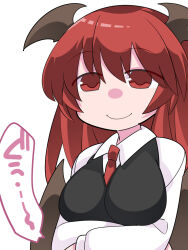 Rule 34 | 1girl, arms under breasts, bat wings, black vest, breasts, brown wings, closed mouth, collared shirt, commentary request, demon girl, hair between eyes, hammer (sunset beach), head wings, koakuma, long hair, long sleeves, looking at viewer, medium breasts, necktie, red eyes, red hair, red necktie, shirt, simple background, smile, solo, touhou, upper body, vest, white background, white shirt, wings