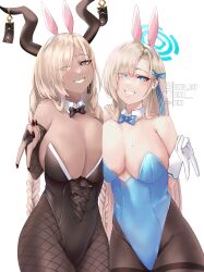 Rule 34 | 2girls, absurdres, alternate costume, animal ears, asuna (blue archive), asuna (bunny) (blue archive), asymmetrical docking, azur lane, blue archive, blue eyes, blue halo, blue leotard, bow, bowtie, braid, breast press, breasts, brown leotard, brown pantyhose, center opening, cleavage, dark-skinned female, dark skin, detached collar, elbow gloves, eyes visible through hair, fake animal ears, fingerless gloves, fishnet pantyhose, fishnets, gloves, hair over one eye, halo, highleg, highleg leotard, highres, huge breasts, leotard, light brown hair, long hair, looking at viewer, mole, mole on breast, mole under mouth, multiple girls, official alternate costume, owari (azur lane), pantyhose, playboy bunny, rabbit ears, smile, strapless, strapless leotard, thighband pantyhose, tini, traditional bowtie, trait connection, twin braids, very long hair, white gloves