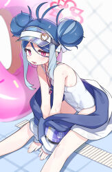 1boy absurdres ahoge blue_archive blue_hair breasts double_bun fubuki_(blue_archive) fubuki_(swimsuit)_(blue_archive) hair_bun halo highres hufy innertube official_alternate_costume one-piece_swimsuit pink_eyes red_halo small_breasts swim_ring swimsuit visor_cap whistle whistle_around_neck white_one-piece_swimsuit