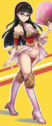 Rule 34 | 1girl, absurdres, amagi yukiko, black eyes, black hair, boots, breasts, cleavage, collarbone, criss-cross halter, detached sleeves, frilled panties, frills, full body, glasses, grin, hairband, halterneck, hand fan, highres, hime cut, holding, holding fan, knee boots, long hair, looking at viewer, medium breasts, midriff, navel, panties, persona, persona 4, red hairband, red panties, red sleeves, sideboob, smile, solo, standing, stomach, toasty scones, underwear, very long hair, white footwear, yellow background